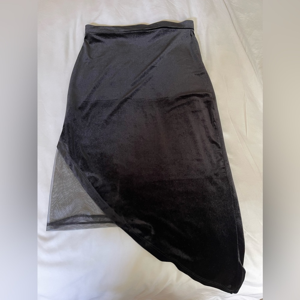 Black velvet & mesh asymmetrical skirt